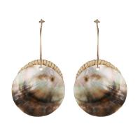 Rattan Drop Earring, with White Shell, stainless steel post pin, Flat Round, gold color plated, for woman 