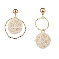 Rattan Asymmetric Earrings, with Zinc Alloy, stainless steel post pin, Round, gold color plated, for woman 