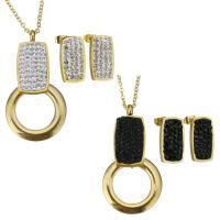 Stainless Steel Jewelry Set, earring & necklace, with Rhinestone Clay Pave, Geometrical Pattern, gold color plated, oval chain & for woman 2mm Approx 17 Inch 