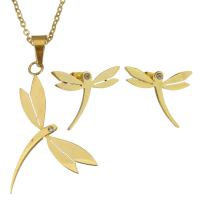 Rhinestone stainless steel Jewelry Set, earring & necklace, Dragonfly, gold color plated, oval chain & for woman & with rhinestone 2mm Approx 17 Inch 