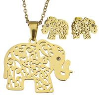 Rhinestone stainless steel Jewelry Set, earring & necklace, Elephant, gold color plated, oval chain & for woman & with rhinestone & hollow 2mm Approx 17 Inch 