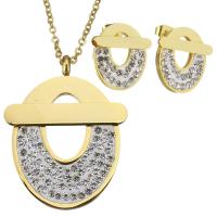 Stainless Steel Jewelry Set, earring & necklace, with Rhinestone Clay Pave, gold color plated, oval chain & for woman 2mm 