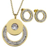 Stainless Steel Jewelry Set, earring & necklace, with Rhinestone Clay Pave, Donut, gold color plated, oval chain & for woman 2mm, 14mm 