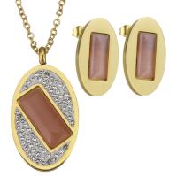 Stainless Steel Jewelry Set, earring & necklace, with Rhinestone Clay Pave & Cats Eye, Flat Oval, gold color plated, oval chain & for woman 2mm 