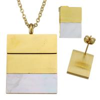 Stainless Steel Jewelry Set, earring & necklace, with White Shell, Rectangle, gold color plated, oval chain & for woman 2mm 