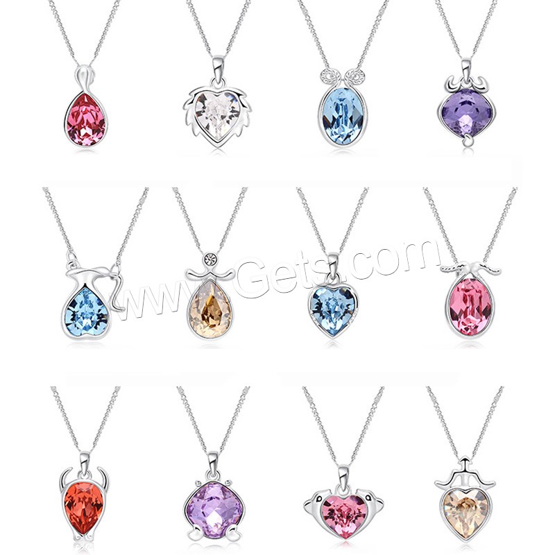 Zinc Alloy Necklace, with Austrian Crystal, with 2inch extender chain, 12 Signs of the Zodiac, platinum plated, wave chain & adjustable & different size for choice & different styles for choice & for woman & with rhinestone, Length:Approx 17.5 Inch, Sold By Strand