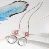 925 Sterling Silver Thread Through Earrings, with Strawberry Quartz, platinum plated, for woman 
