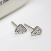 925 Sterling Silver Stud Earring, with rubber earnut, Heart, platinum plated, for woman & with rhinestone 