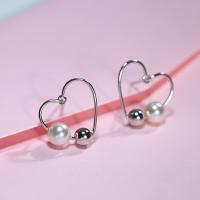 925 Sterling Silver Stud Earring, with rubber earnut & Freshwater Pearl, Heart, platinum plated, for woman 