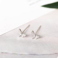 Sterling Silver Stud Earring, 925 Sterling Silver, with rubber earnut, Butterfly, platinum plated, for woman & with rhinestone 