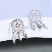 925 Sterling Silver Dream Catcher Earring, with rubber earnut, platinum plated, micro pave rhinestone & for woman 