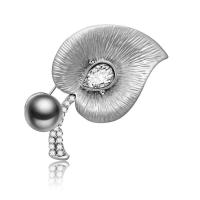 Zinc Alloy Brooch, with ABS Plastic Pearl, Leaf, antique silver color plated, for woman & with rhinestone, lead & cadmium free 