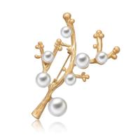 Zinc Alloy Brooch, with ABS Plastic Pearl, Tree, gold color plated, for woman, lead & cadmium free 