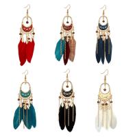 Zinc Alloy Drop Earring, with Feather, iron earring hook, antique bronze color plated, for woman & enamel & with rhinestone lead & cadmium free, 110mm 