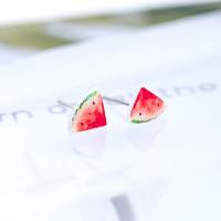 925 Sterling Silver Stud Earring, with rubber earnut & Resin, Watermelon, platinum plated, for woman 
