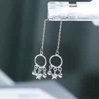 Sterling Silver Thread Through Earrings, 925 Sterling Silver, Star, platinum plated, for woman & with rhinestone 