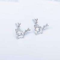 Sterling Silver Stud Earring, 925 Sterling Silver, with rubber earnut, Christmas Reindeer, platinum plated, for woman & with cubic zirconia 