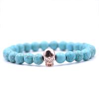 Gemstone Bracelet, with Elastic Thread & Brass, Skull, rose gold color plated, natural & Unisex & micro pave cubic zirconia, 8mm Approx 7.5 Inch 
