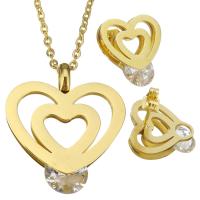 Stainless Steel Jewelry Set, earring & necklace, with Crystal, Heart, gold color plated, oval chain & for woman & faceted 2mm Approx 17 Inch 