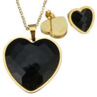 Stainless Steel Jewelry Set, earring & necklace, with Resin, Heart, gold color plated, oval chain & for woman & faceted 2mm Approx 17 Inch 