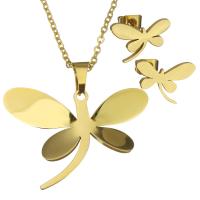 Fashion Stainless Steel Jewelry Sets, earring & necklace, Dragonfly, gold color plated, oval chain & for woman 2mm Approx 17 Inch 