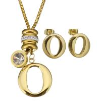 Stainless Steel Jewelry Set, sweater chain necklace & earring, with Rhinestone Clay Pave, Letter O, gold color plated, box chain & for woman 2.5mm Approx 23 Inch 