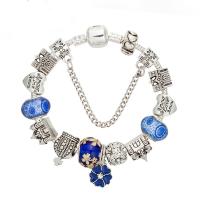 Zinc Alloy European Bracelet, with Lampwork, Flower, silver color plated & snake chain & for woman & enamel & with rhinestone 