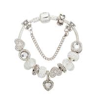Zinc Alloy European Bracelet, with Rhinestone Clay Pave & Crystal, Heart, silver color plated & snake chain & for woman & with rhinestone 