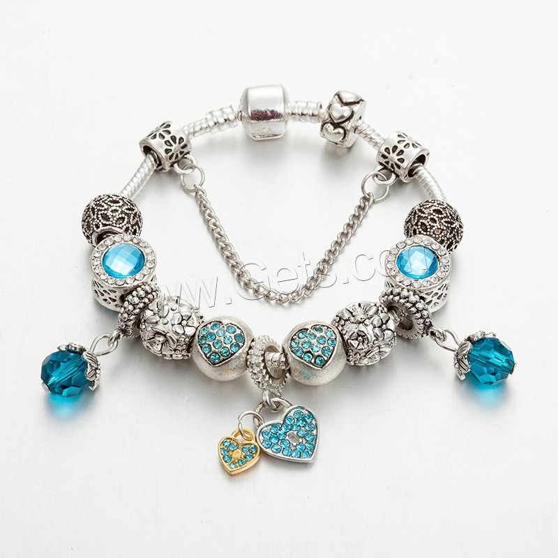 alliage de zinc bracelet European, avec argile & cristal, coeur, Placage de couleur argentée, longueur différente pour le choix & chaîne serpent & pour femme & avec strass, Vendu par brin