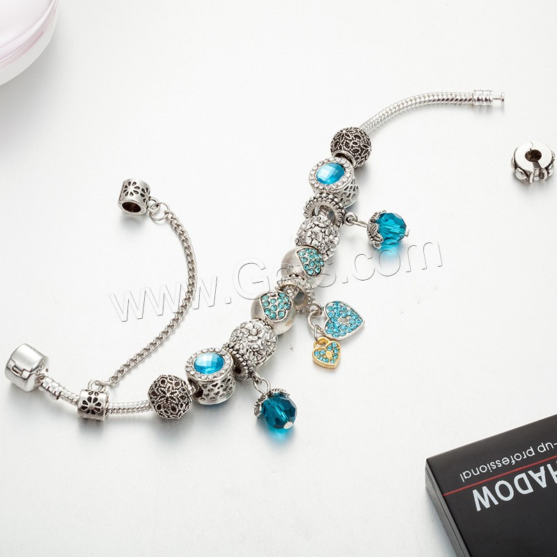 alliage de zinc bracelet European, avec argile & cristal, coeur, Placage de couleur argentée, longueur différente pour le choix & chaîne serpent & pour femme & avec strass, Vendu par brin