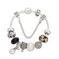 Zinc Alloy European Bracelet, with Rhinestone Clay Pave & Lampwork & Plastic Pearl, antique silver color plated & snake chain & for woman & with rhinestone 