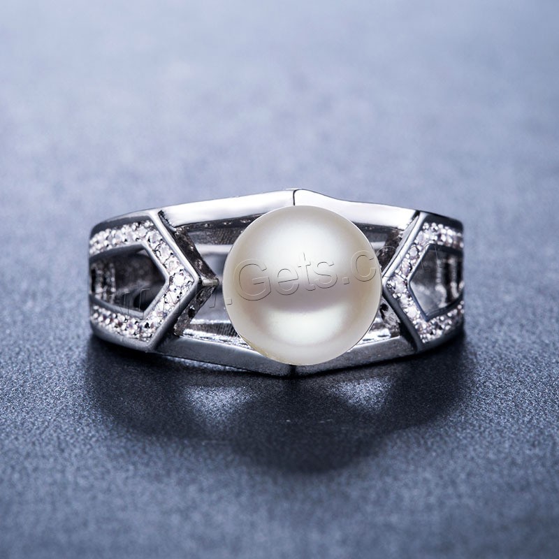 metal anillo, con Perlas cultivadas de agua dulce, chapado en plata real, diverso tamaño para la opción & para mujer & con diamantes de imitación, 10.5mm, Vendido por UD