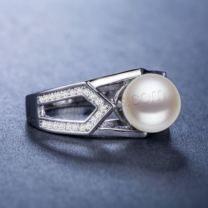 Латунь Кольцо, с Пресноводные жемчуги, плакированный настоящим серебром, разный размер для выбора & Женский & со стразами, 10.5mm, продается PC