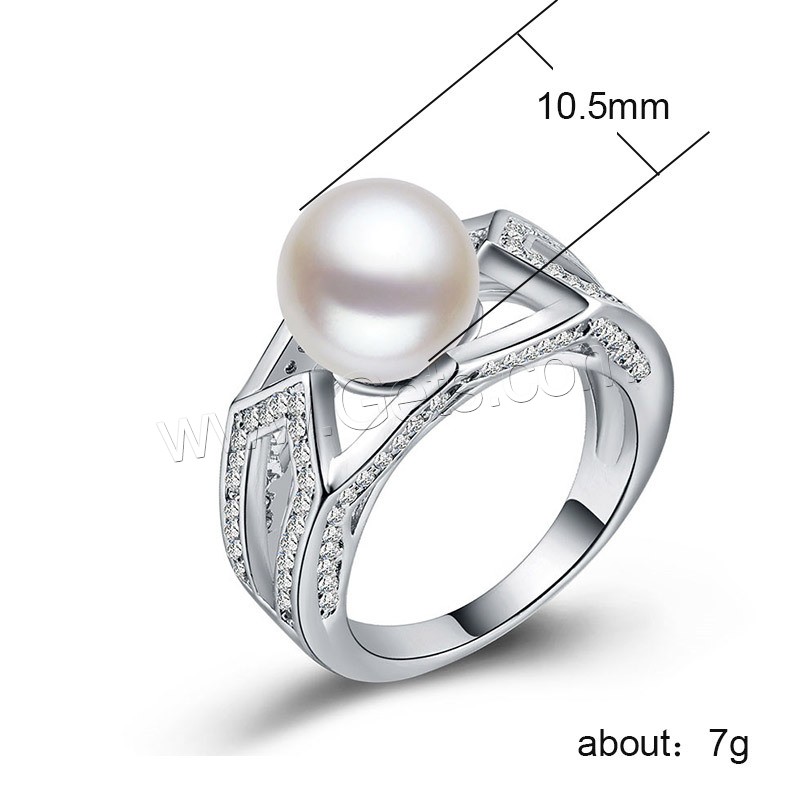 metal anillo, con Perlas cultivadas de agua dulce, chapado en plata real, diverso tamaño para la opción & para mujer & con diamantes de imitación, 10.5mm, Vendido por UD