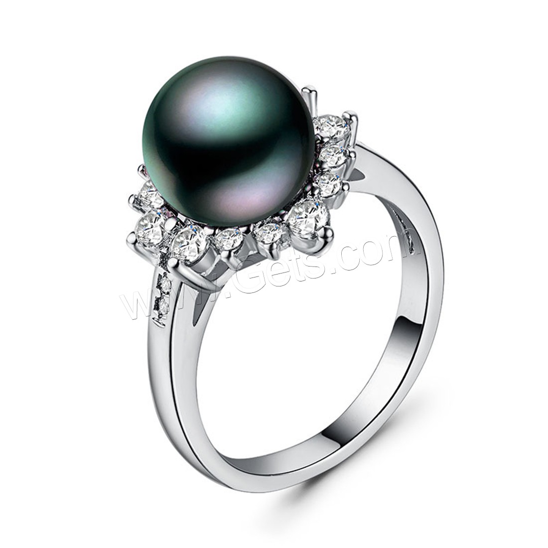 metal anillo, con Perlas cultivadas de agua dulce, chapado en plata real, diverso tamaño para la opción & para mujer & con circonia cúbica, 10mm, Vendido por UD