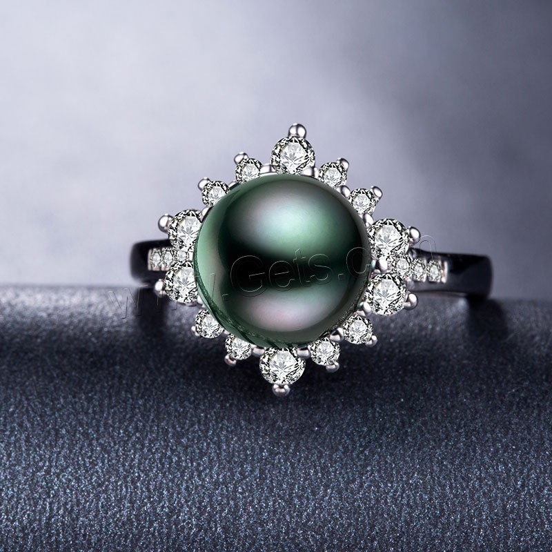 metal anillo, con Perlas cultivadas de agua dulce, chapado en plata real, diverso tamaño para la opción & para mujer & con circonia cúbica, 10mm, Vendido por UD