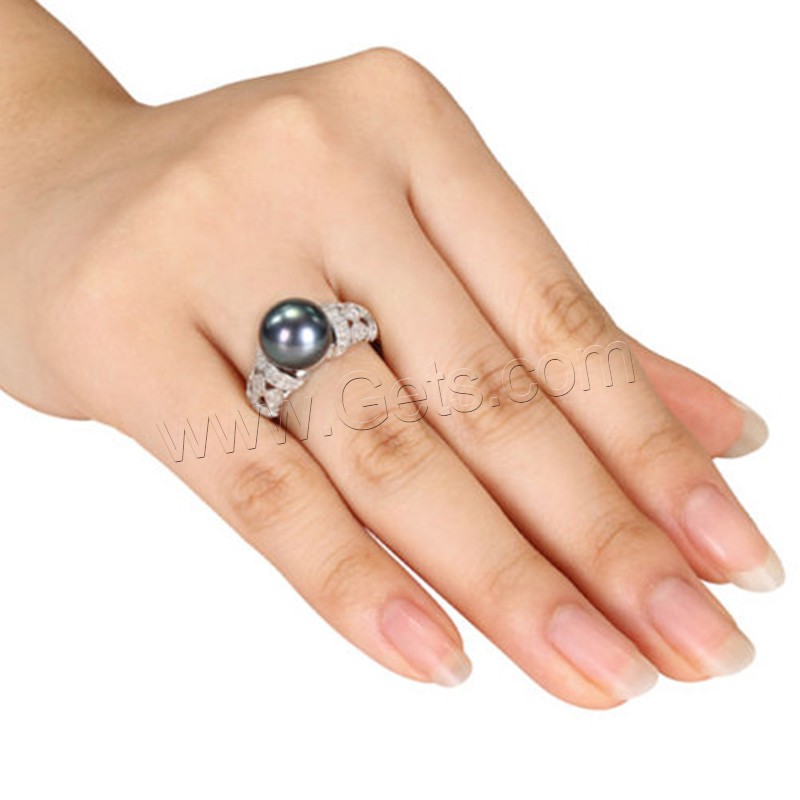 Латунь Кольцо, с Пресноводные жемчуги, плакированный настоящим серебром, разный размер для выбора & Женский & со стразами, продается PC