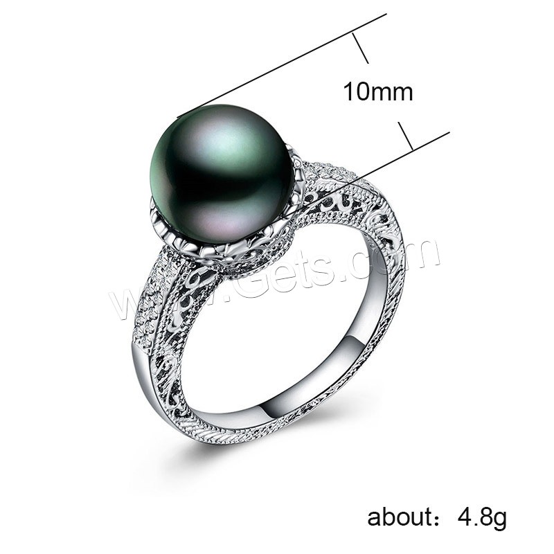 metal anillo, con Perlas cultivadas de agua dulce, chapado en plata real, diverso tamaño para la opción & para mujer & con diamantes de imitación, 10mm, Vendido por UD