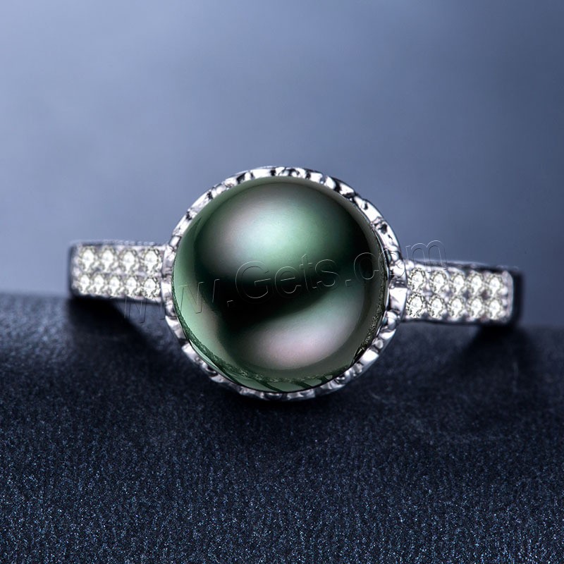 metal anillo, con Perlas cultivadas de agua dulce, chapado en plata real, diverso tamaño para la opción & para mujer & con diamantes de imitación, 10mm, Vendido por UD