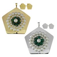 Stainless Steel Jewelry Set, pendant & earring, with Dyed Jade & Glass Pearl, Pentagon, plated, for woman Approx 
