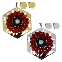 Stainless Steel Jewelry Set, pendant & earring, with Crystal & Glass Pearl, Hexagon, plated, for woman & faceted Approx 