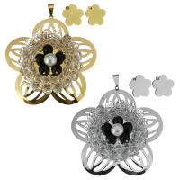Stainless Steel Jewelry Set, pendant & earring, with Crystal & Glass Pearl, Flower, plated, for woman & faceted Approx 