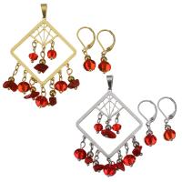 Stainless Steel Jewelry Set, pendant & earring, with Agate & Crystal, Flower, plated, for woman & faceted 28mm Approx 
