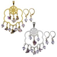 Stainless Steel Jewelry Set, pendant & earring, with Crystal & Amethyst, Flower, plated, for woman & faceted 28mm Approx 