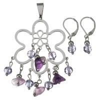 Stainless Steel Jewelry Set, pendant & earring, with Crystal & Amethyst, Flower, for woman & faceted, original color 28mm Approx 