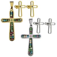 Stainless Steel Jewelry Set, pendant & earring, with Rhinestone Clay Pave, Cross, plated, for woman Approx 
