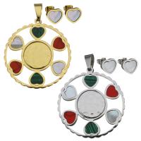 Fashion Stainless Steel Jewelry Sets, pendant & earring, with Synthetic Resin & Malachite & White Shell, Donut, plated, for woman Approx 