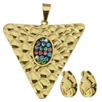 Rhinestone stainless steel Jewelry Set, pendant & earring, with Rhinestone Clay Pave, Triangle, gold color plated, for woman  Approx 