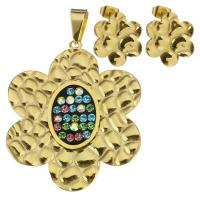 Rhinestone stainless steel Jewelry Set, pendant & earring, with Rhinestone Clay Pave, Flower, gold color plated, for woman  Approx 