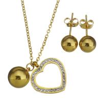 Stainless Steel Jewelry Set, earring & necklace, with Rhinestone Clay Pave, Heart, gold color plated, oval chain & for woman  1.5mm, 8mm Approx 17 Inch 